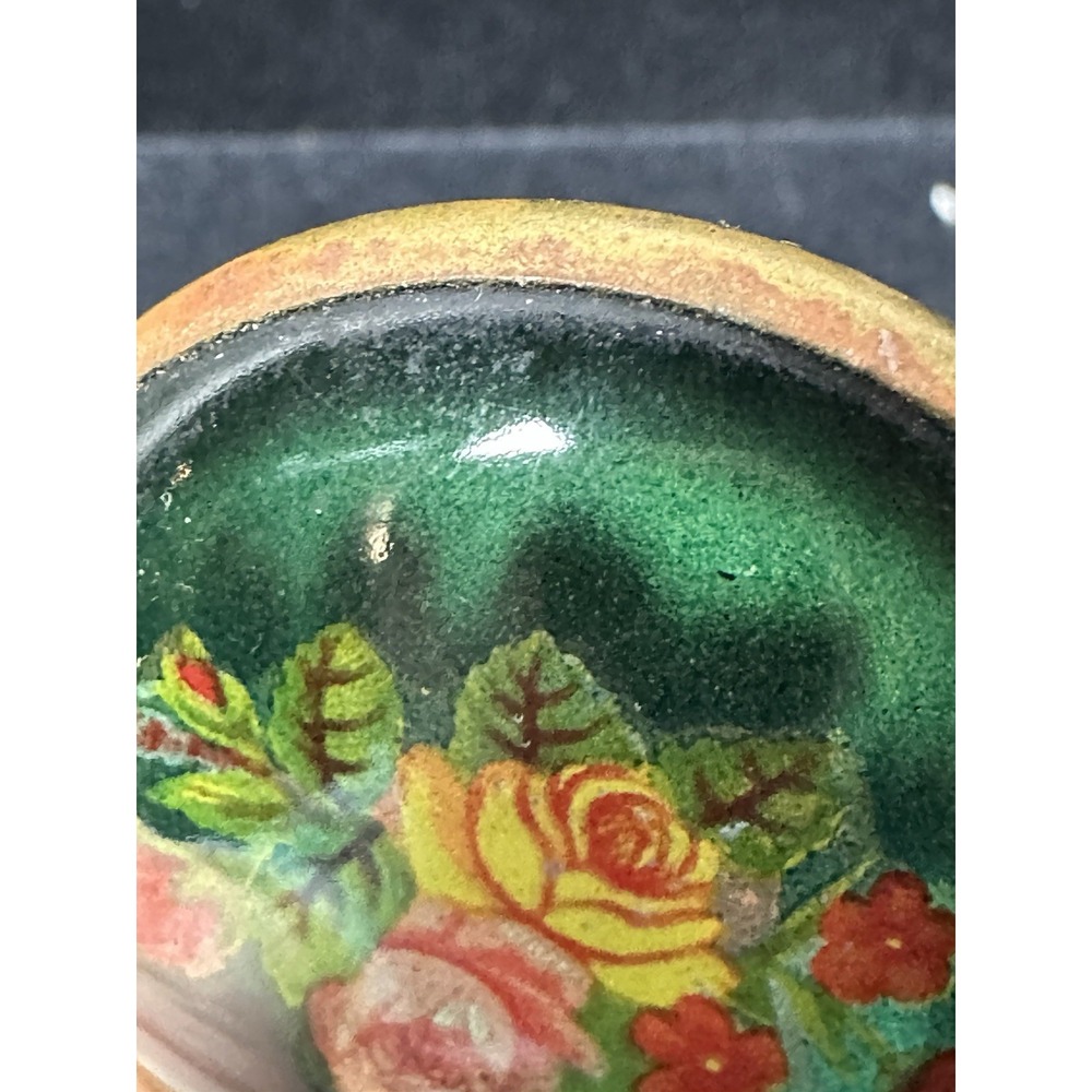 Vintage Hand Painted Floral Glass Brooch Green Domed Rose Pin MCM Antique - Picture 7 of 12